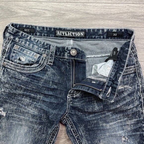 Affliction Men's ACE Jeans Size 30 (32x33 Actual) Distressed Thrashed Grunge - Picture 4 of 16